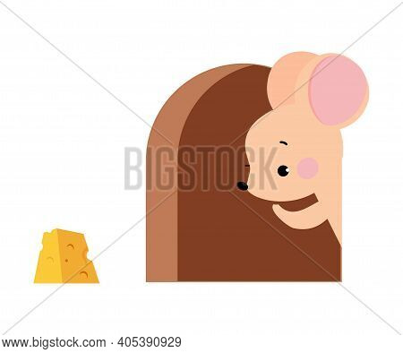 Cute Mouse With Pointed Snout And Rounded Ears Peeping From Its Hole For Cheese Slab Vector Illustra
