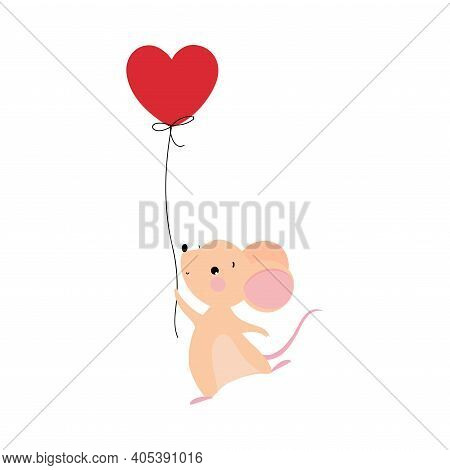 Cute Mouse With Pointed Snout And Rounded Ears Holding Rope Of Red Toy Balloon Vector Illustration