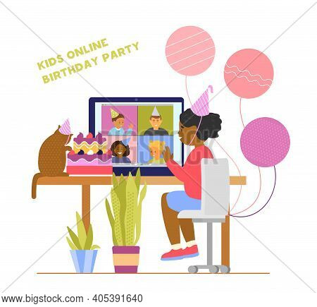 Kids Online Birthday Party During Social Isolation. Different Ethnicity Children In Birthday Hats Ce