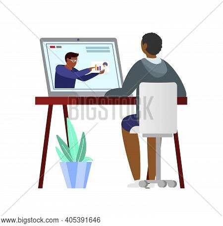 Afroamerican Man Watching Finance Blog On Laptop. E-learning Concept. Flat Vector Illustration.