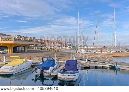 Muggia, Italy - February 4, 2018: Port San Rocco Marina At Adriatic Sea In Muggia, Italy.