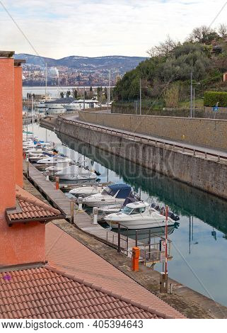 Muggia, Italy - February 4, 2018: Port San Rocco Marina At Adriatic Sea In Muggia, Italy.