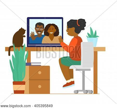 Afroamerican Girl Talking To Parents By Videocall. Family Videoconference. Online Communication. Fla