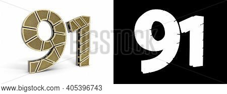 Gold Number Ninety-one (number 91) Cut Into Perforated Gold Segments With Alpha Channel And Shadow O