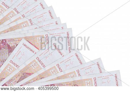20 Croatian Kuna Bills Lies Isolated On White Background With Copy Space Stacked In Fan Close Up