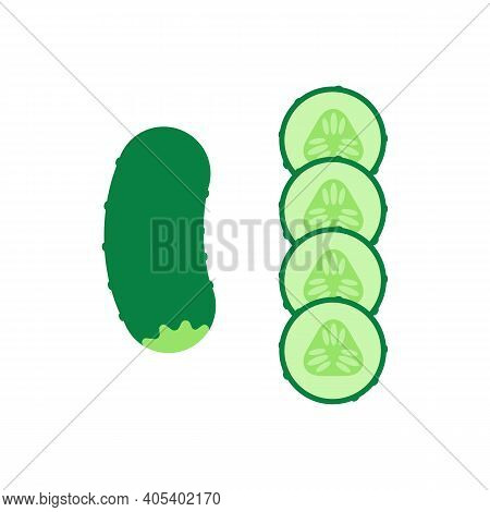 Cucumber With Cucumber Slices. Flat Vector Isolated.