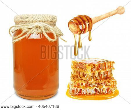 Multiflorous Honey In A Jar, Honeycomb And Dipper