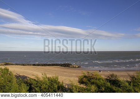 Clacton, Essex, Uk, July 17, 2020. Wind Turbines Seen From The Coast Of Clacton, Essex, United Kingd