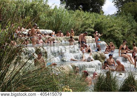 Saturnia (gr), Italy - June 12, 2017: Cascate Del Mulino And Thermal Waters, Mill Waterfalls, Saturn