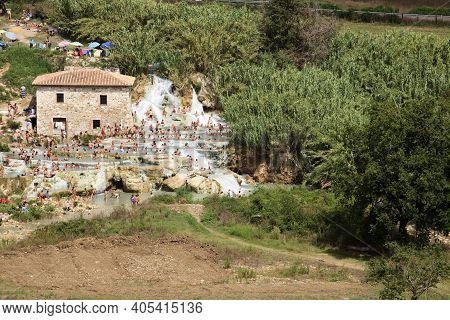 Saturnia (gr), Italy - June 12, 2017: Cascate Del Mulino And Thermal Waters, Mill Waterfalls, Saturn
