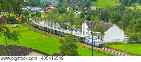 Flam, Norway - July 31, 2018: Myrdal Flamsbana Train In Norwegian Village Near Sognefjord Fjord, Loc