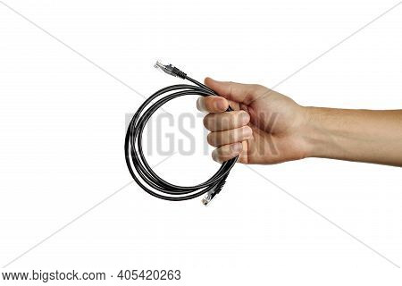 Internet Or Network Cable At Caucasian Person Hand. Person Give Cat5e Cable. Isolated On A White Bac