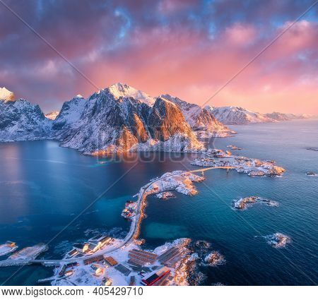 Beautiful Landscape With Blue Sea, Snowy Mountains, Rocks And Islands, Village, Rorbu, Road, Bridge 
