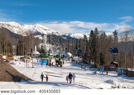 Sochi, Krasnaya Polyana, Russia, January 07, 2021: - People Are On Ski Resort