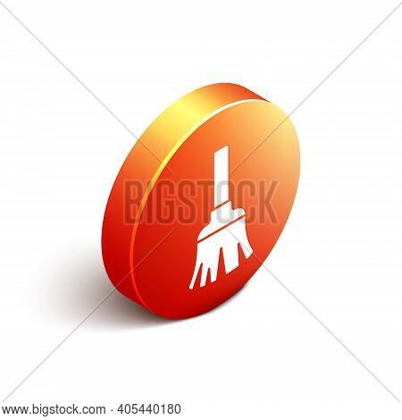 Isometric Feather Broom For Cleaning Icon Isolated On White Background. Feather Duster. Orange Circl