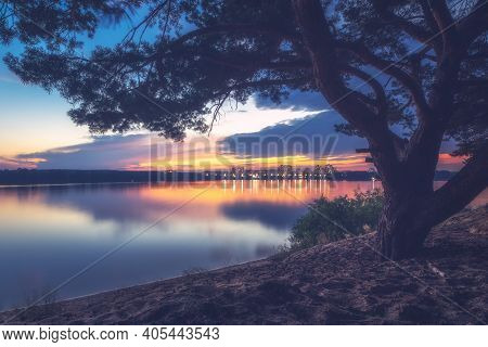 Night Landscape On The Dnieper River, View Of Vyshgorod City