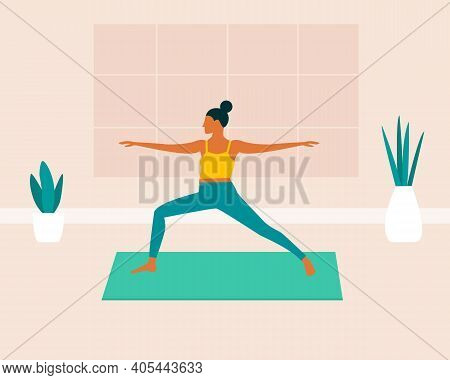 Young Woman Doing Yoga Exercises, Meditating, Stretching On The Yoga Mat. Female Character Practicin