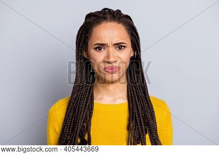 Photo Of Young African Woman Unhappy Sad Dislike Disgusted Bad Smell Isolated Over Grey Color Backgr