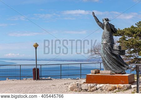 Trieste, Italy - March 7, 2020: Bronze Statue Italian Catholic Archbishop Antonio Santin At Of Hill 