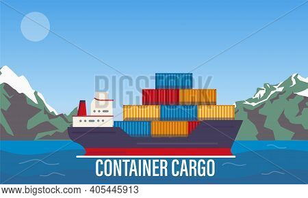 Cargo Ship In Bay, Industrial Vessel With Containers Freight In Harbor Shipyard, Import And Export M