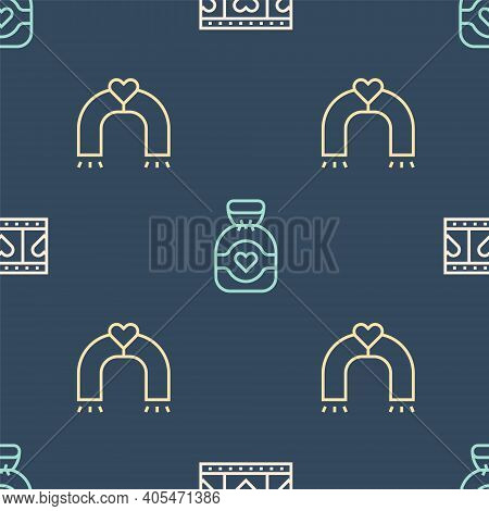 Set Line Play Video With Heart, Love Magnet And Chocolate Candy On Seamless Pattern. Vector