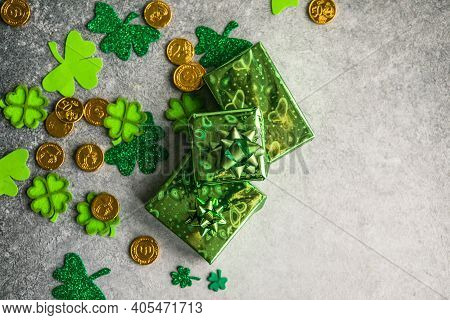 Happy St. Patrick's Day. Card With  Lucky Clover, Green Gift Box. Irish Festival Symbol. Lucky Conce