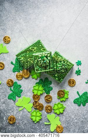 Happy St. Patrick's Day. Card With  Lucky Clover, Green Gift Box. Irish Festival Symbol. Lucky Conce