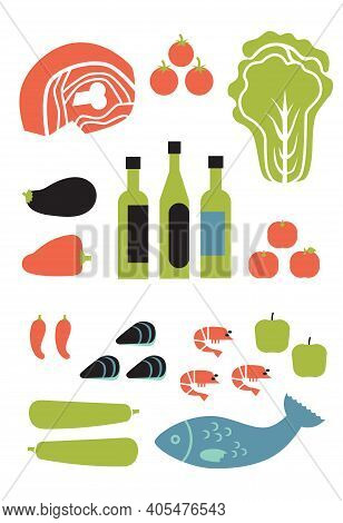 Vertical Set Of Food. Fruits, Vegetables, Dressings, Seafood, Meat On A White Background.
