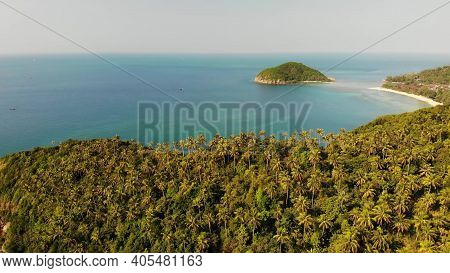 Aerial Drone View Small Koh Ma Island, Ko Phangan Thailand. Exotic Coast Panoramic Landscape, Mae Ha