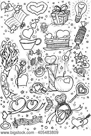 A Set Of Black And White Doodles On The Theme Of Love And Valentine's Day