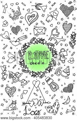 A Set Of Black And White Doodles On The Theme Of Love And Valentine's Day
