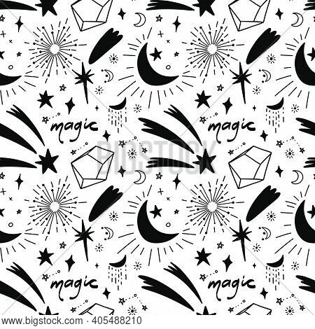 Seamless Pattern With Mystical And Starry Elements. A Repeating Pattern With Shooting Stars And Crys
