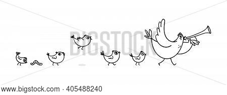 Cheerful Vector Illustration Of A Hen With Chicks. An Adult Chicken With A Horn In The Wing Leads A 