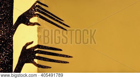 Strange Shadows On The Wall. Terrible Black Shadows. Phobia, Nightmares Concept.