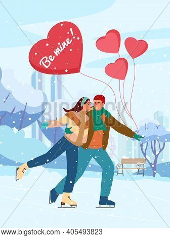 Saint Valentine's Day Greeting Card Vector Design. Couple In Love Ice Skating In Winter Park With He