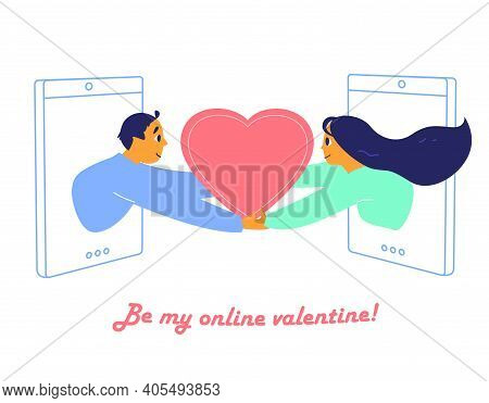 Saint Valentine's Day Greeting Card Vector Design. Online Dating Concept. Couple In Smartphone Scree