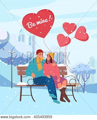 Saint Valentine's Day Greeting Card Vector Design. Illustration Of Couple In Love Sitting In Winter 