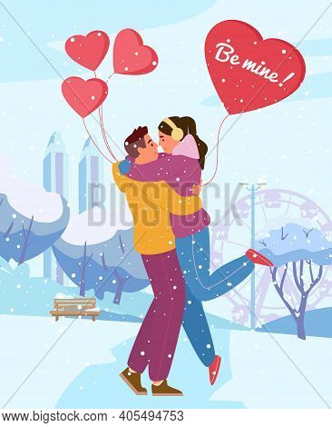 Saint Valentine's Day Greeting Card Vector Design. Couple In Love Hugging In Winter Park With Heart 