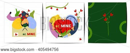 Set Of Creative Saint Valentine's Day Greeting Cards Flat Vector Design. Couple In Love. Stylized Mo
