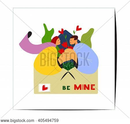 Greeting Card Flat Vector Design. Couple In Love Holding Hands Sitting In Envelope With Plants And F