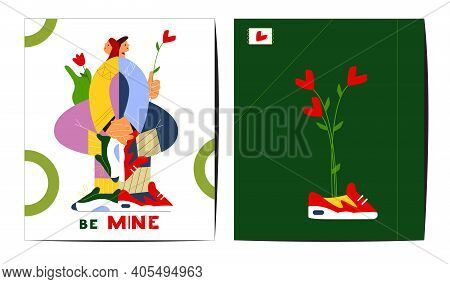Creative Saint Valentine's Day Greeting Cards Set. Flat Vector Design. Couple In Love Holding Hands.
