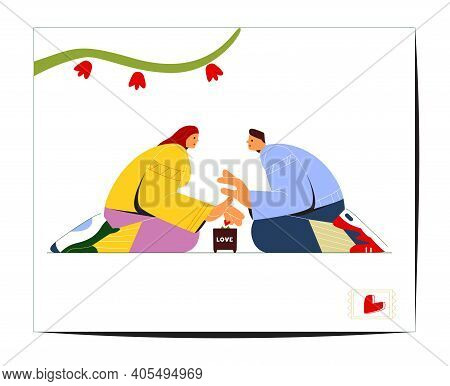 Creative Saint Valentine's Day Greeting Card Flat Vector Design. Couple Sitting On Knees Covering An
