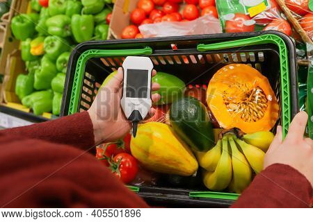 Eco Safe Natural Food. Nitrates Tester With Fresh Vegetables Variety, Organic Farming. Hand Holding 