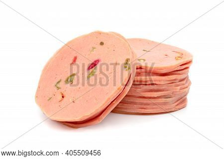 Closeup Bologna Sliced Isolated On White Background