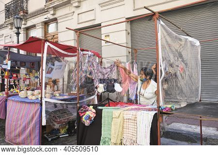 Buenos Aires, Argentina; Jan 24, 2021: Craft Stalls At The Handicraft Fair In Calle Defensa, San Tel