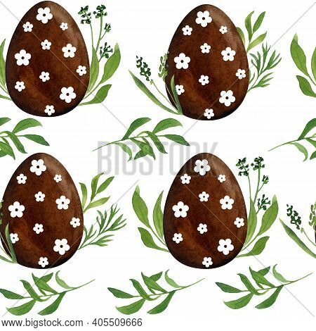 Watercolor Seamless Pattern With Chocolate Easter Eggs Grass Buttercup Flowers And Leaves. Easter Hu