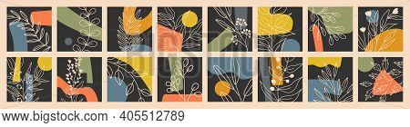 Set Of Various Leaves And Flowers, Abstract Shapes. Line Art. Round Elements, Abstract Shapes, Lines