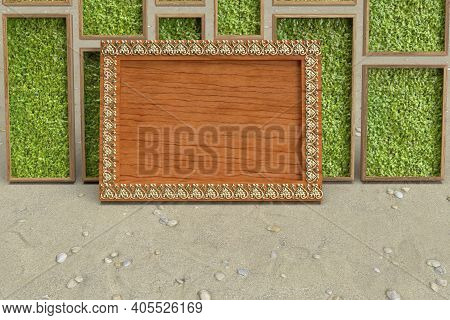 Wooden Photo Frame With Golden Heart Border 3d Render