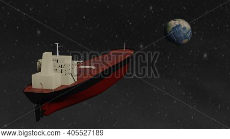 Bulk Carrier Big Cargo Ship Flying To Planet Earth Isolated 3d Rendering