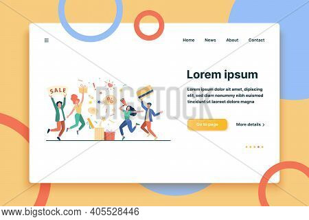 Customers Celebrating Sale. People Holding Gift, Credit Card, Loudspeaker, Dancing, Having Fun. Vect